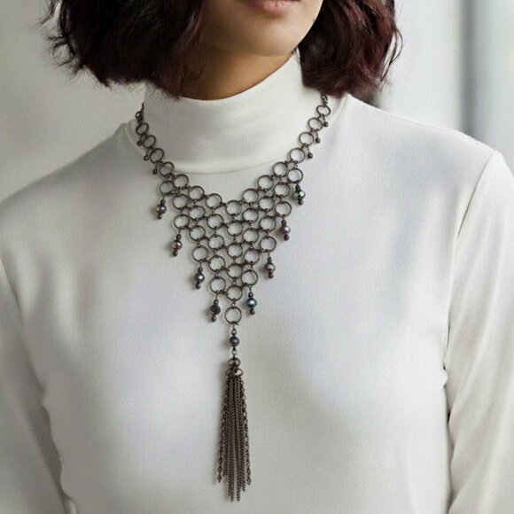 Handmade Gunmetal Rings Black Hematite Bead Bib Statement Necklace Tassel Fringe - Picture 11 of 12